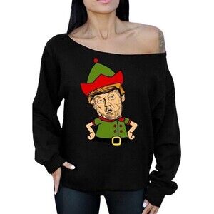 Donald Trump Elf Ugly Christmas Sweater Off Shoulder Black Womens Sz M